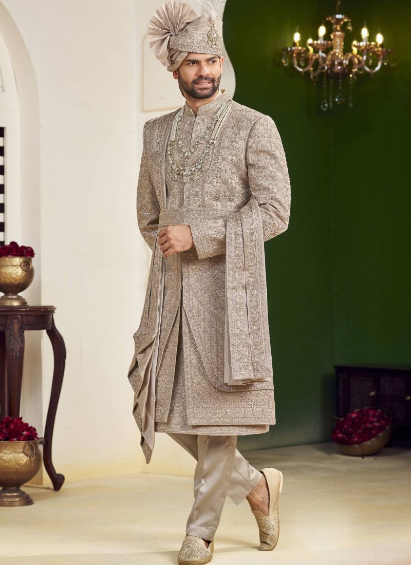 Rust Art Silk Embroidery Mens Wedding Sherwani 