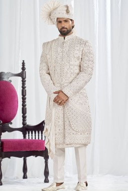 Cream Art Silk Embroidery Mens Wedding Sherwani