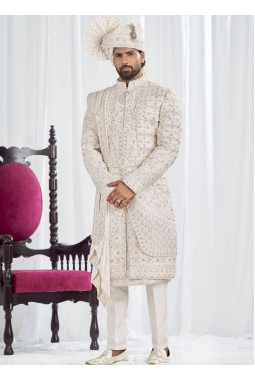 Cream Art Silk Embroidery Mens Wedding Sherwani