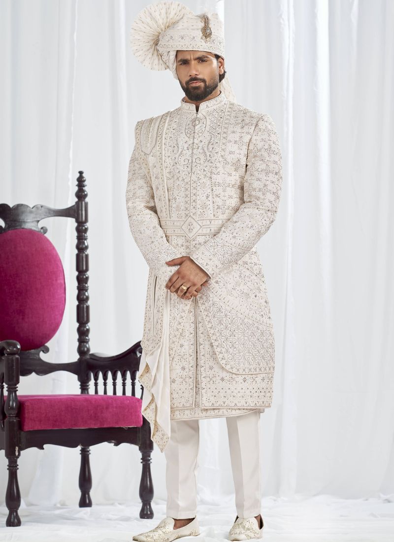 Cream Art Silk Embroidery Mens Wedding Sherwani