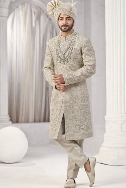 Cream Art Silk Embroidery Mens Wedding Sherwani