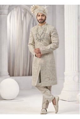 Cream Art Silk Embroidery Mens Wedding Sherwani