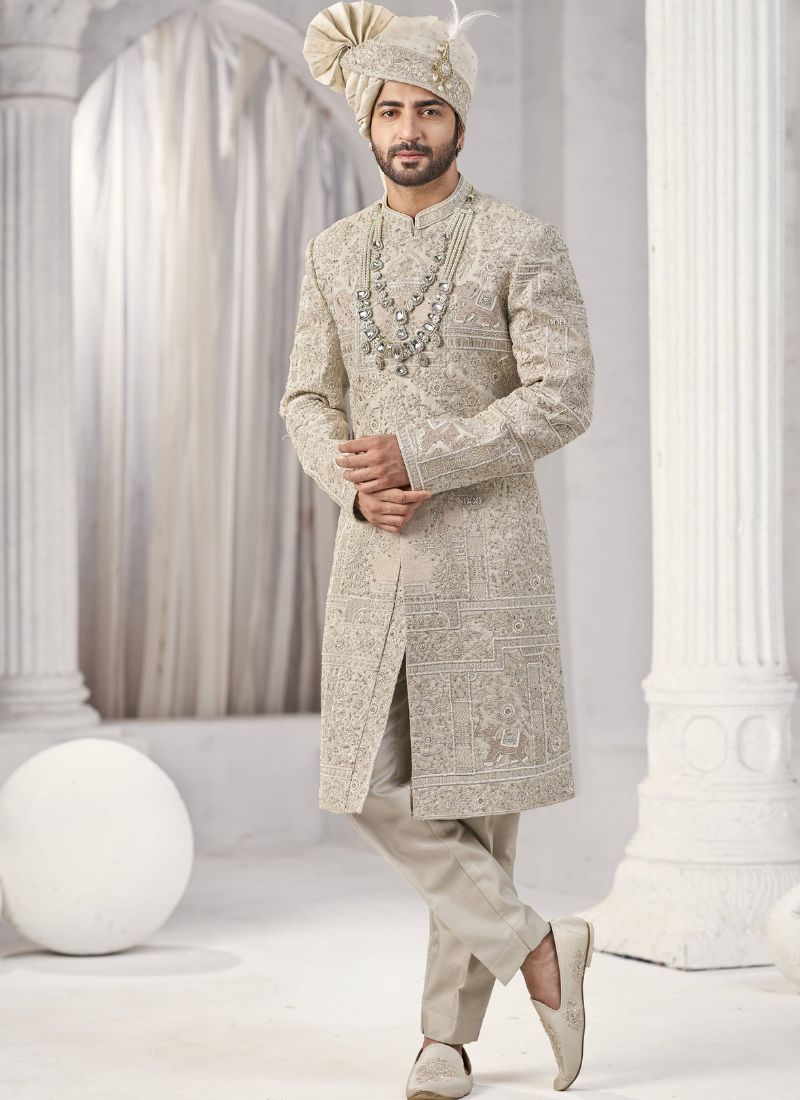 Cream Art Silk Embroidery Mens Wedding Sherwani