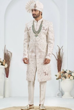 Cream Art Silk Embroidery Mens Wedding Sherwani
