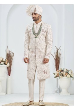 Cream Art Silk Embroidery Mens Wedding Sherwani