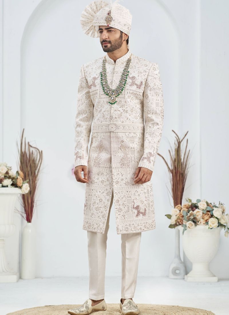 Cream Art Silk Embroidery Mens Wedding Sherwani