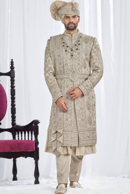 Pista Art Silk Embroidery Mens Wedding Sherwani