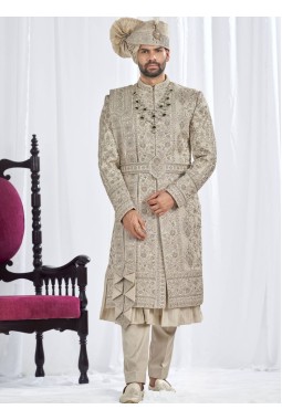 Pista Art Silk Embroidery Mens Wedding Sherwani