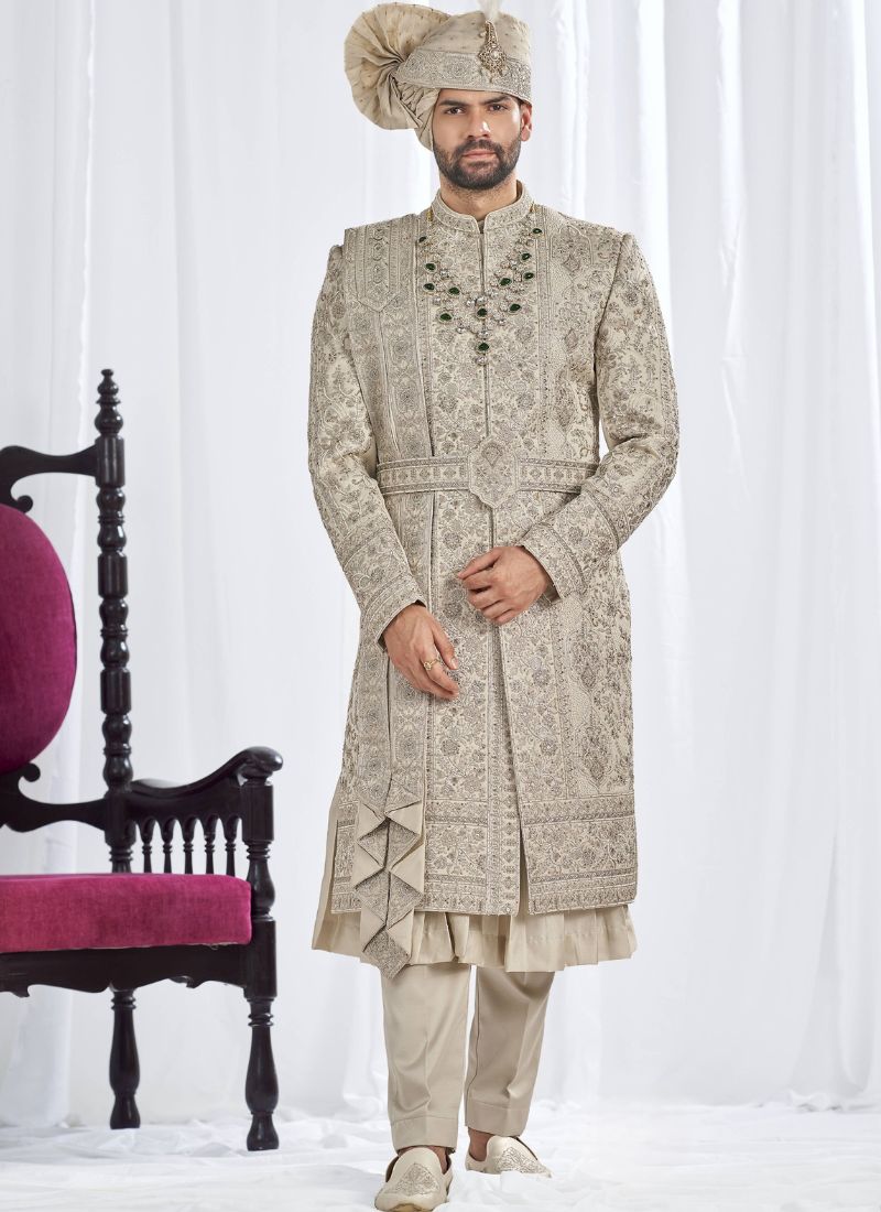 Pista Art Silk Embroidery Mens Wedding Sherwani