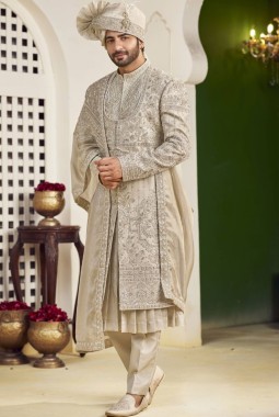 Cream Art Silk Embroidery Mens Wedding Sherwani