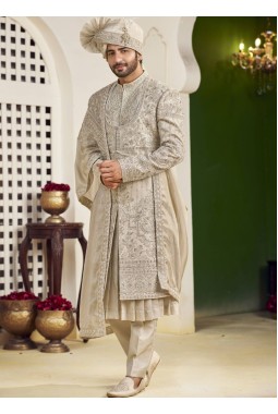 Cream Art Silk Embroidery Mens Wedding Sherwani