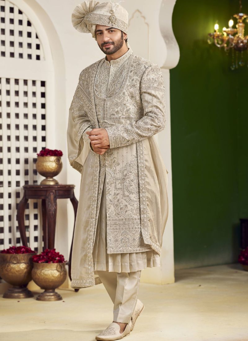 Cream Art Silk Embroidery Mens Wedding Sherwani