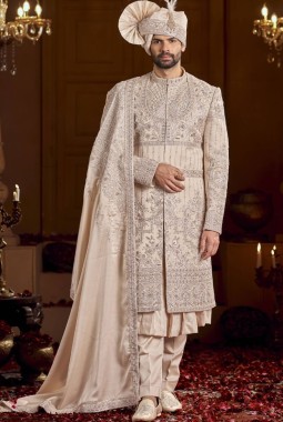 Rose Gold Art Silk Embroidery Mens Wedding Sherwani