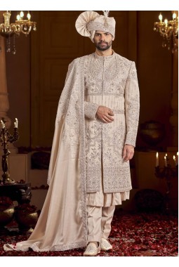 Rose Gold Art Silk Embroidery Mens Wedding Sherwani