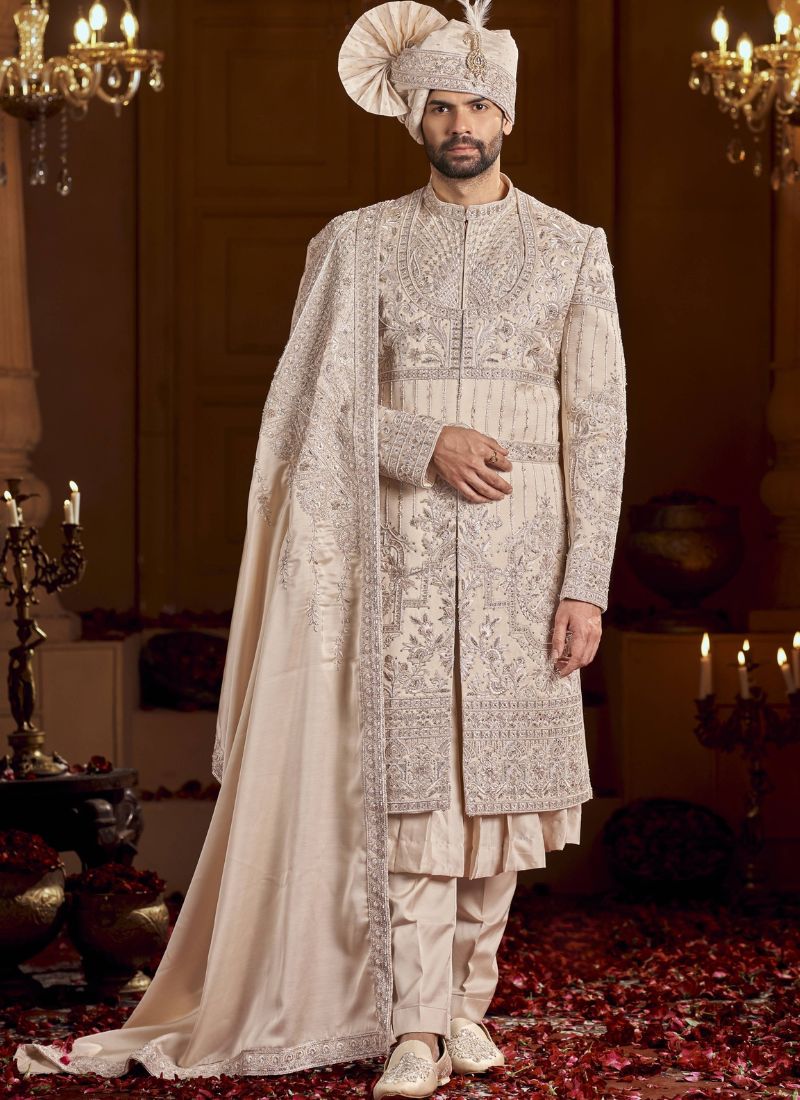 Rose Gold Art Silk Embroidery Mens Wedding Sherwani
