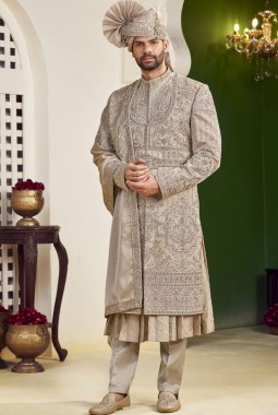 Rust Art Silk Embroidery Mens Wedding Sherwani 