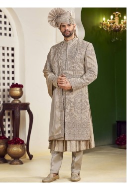 Rust Art Silk Embroidery Mens Wedding Sherwani 