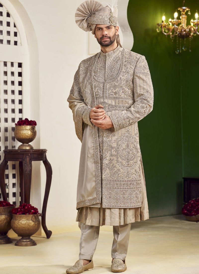 Rust Art Silk Embroidery Mens Wedding Sherwani 