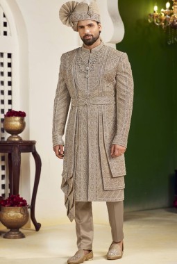Copper Art Silk Embroidery Mens Wedding Sherwani
