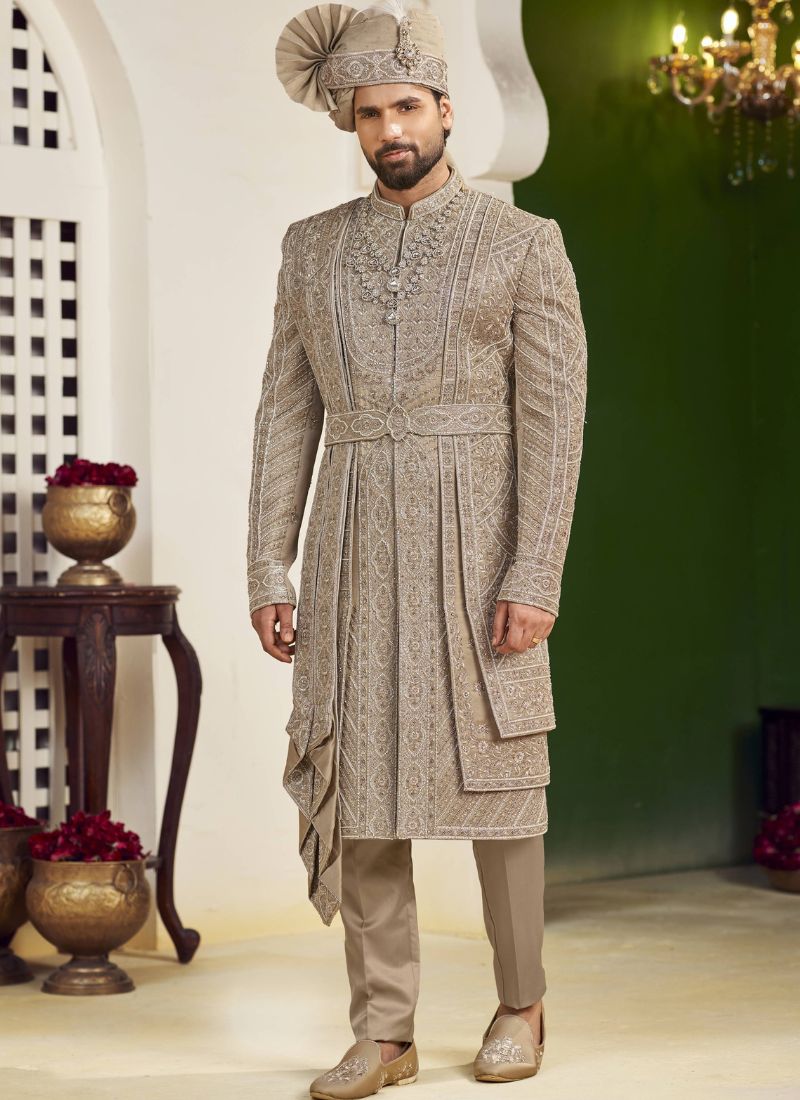 Copper Art Silk Embroidery Mens Wedding Sherwani