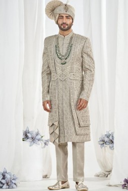 Pista Art Silk Embroidery Mens Wedding Sherwani