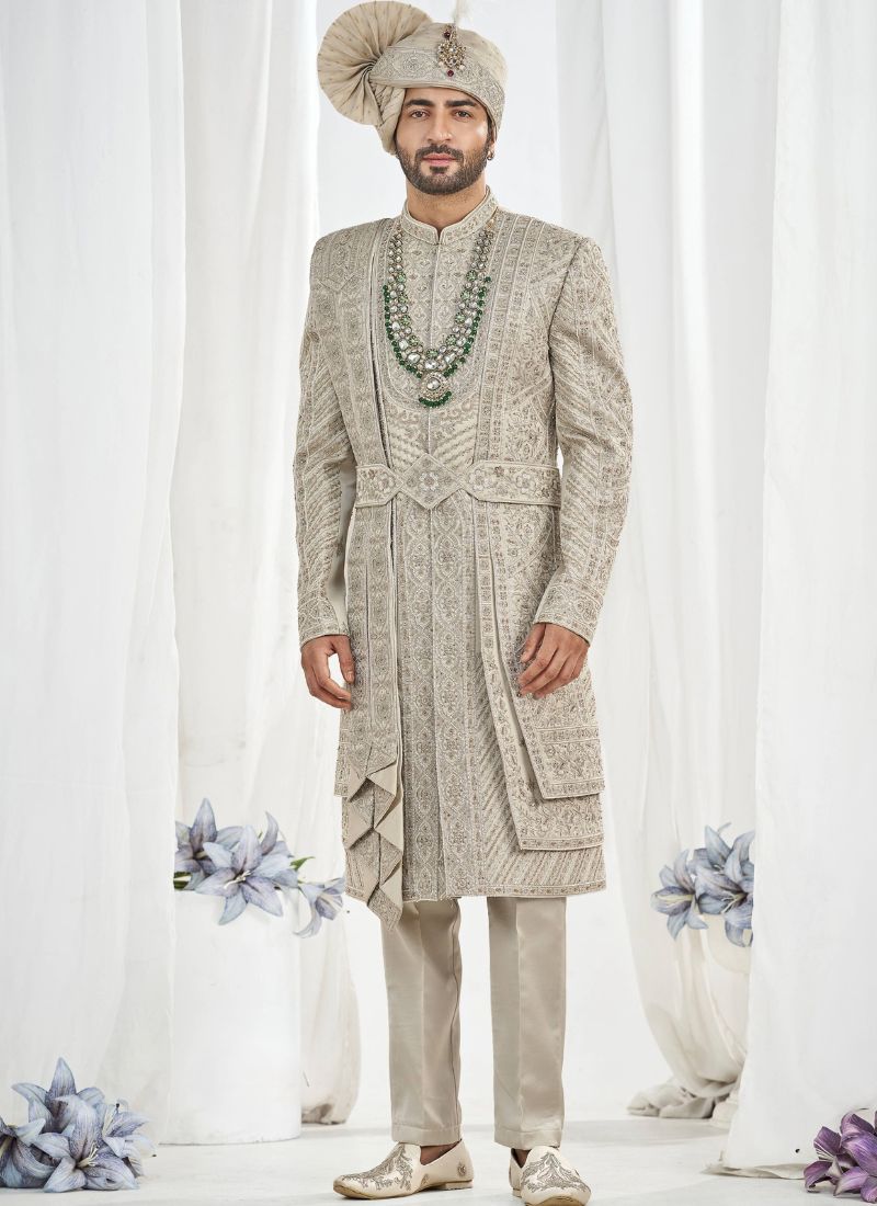 Pista Art Silk Embroidery Mens Wedding Sherwani