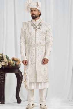 Cream Art Silk Embroidery Mens Wedding Sherwani