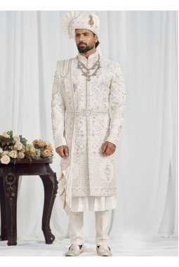 Cream Art Silk Embroidery Mens Wedding Sherwani