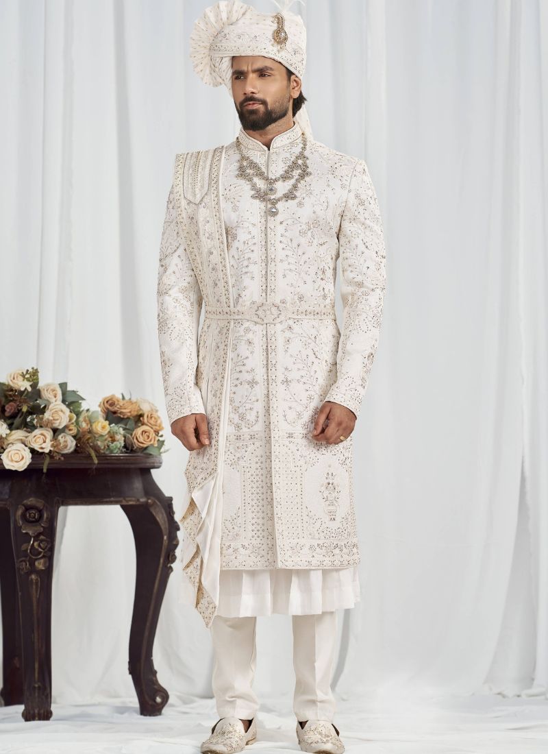 Cream Art Silk Embroidery Mens Wedding Sherwani