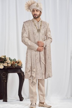 Rose Gold Art Silk Embroidery Mens Wedding Sherwani