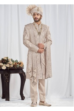 Rose Gold Art Silk Embroidery Mens Wedding Sherwani