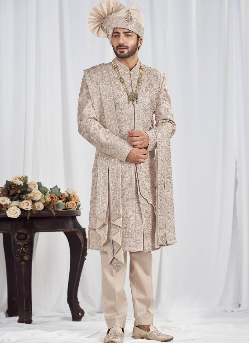 Rose Gold Art Silk Embroidery Mens Wedding Sherwani