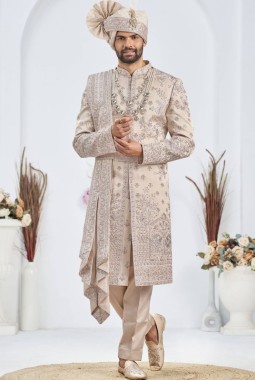 Rose Gold Art Silk Embroidery Mens Wedding Sherwani