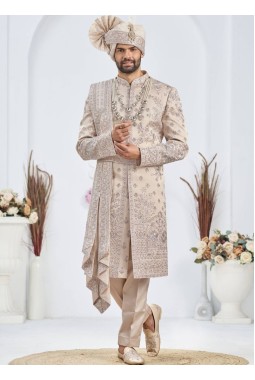 Rose Gold Art Silk Embroidery Mens Wedding Sherwani
