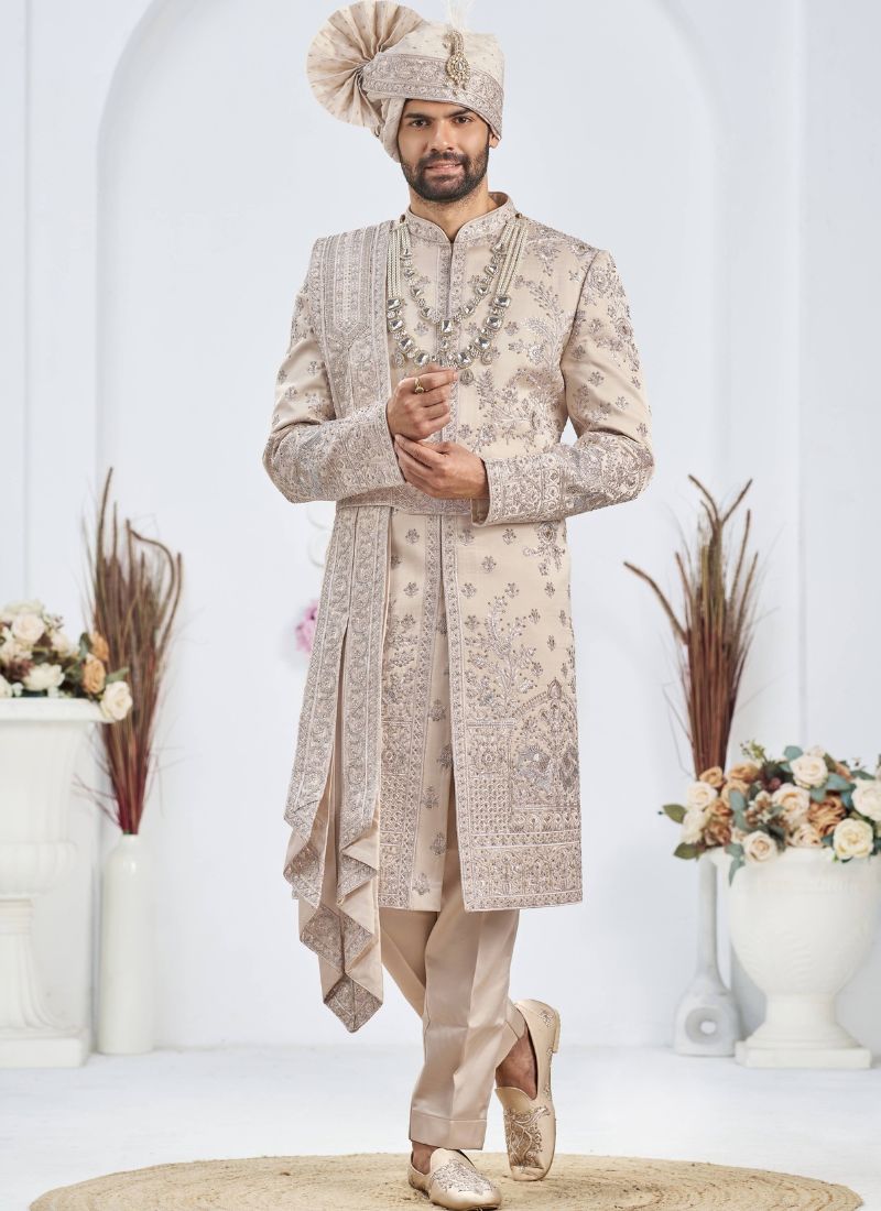 Rose Gold Art Silk Embroidery Mens Wedding Sherwani