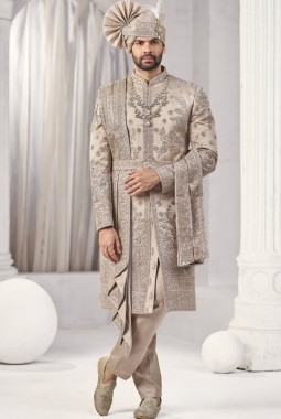 Rust Art Silk Embroidery Mens Wedding Sherwani 