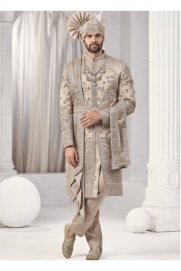 Rust Art Silk Embroidery Mens Wedding Sherwani 