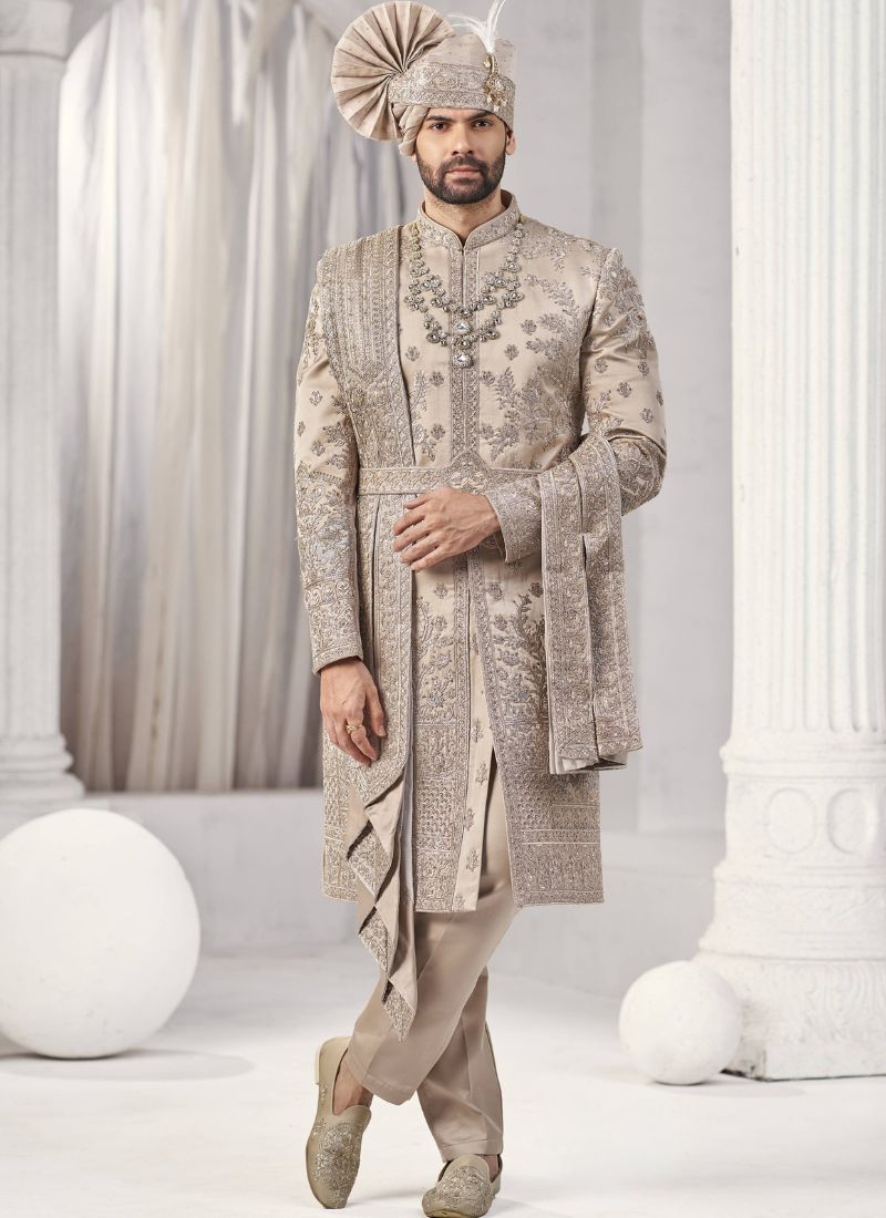 Rust Art Silk Embroidery Mens Wedding Sherwani 
