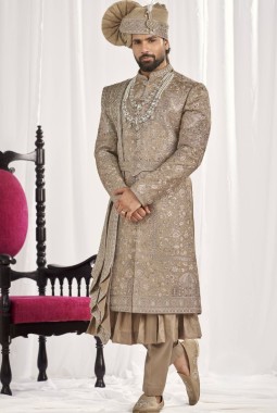 Copper Art Silk Embroidery Mens Wedding Sherwani