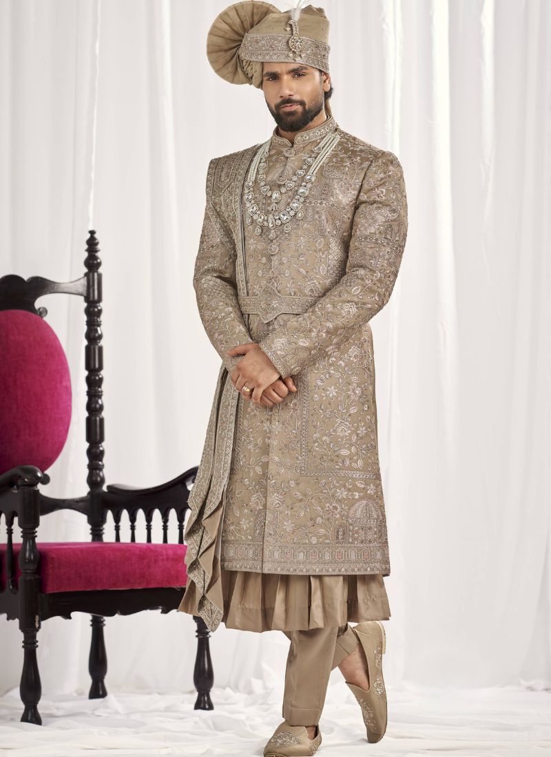 Copper Art Silk Embroidery Mens Wedding Sherwani