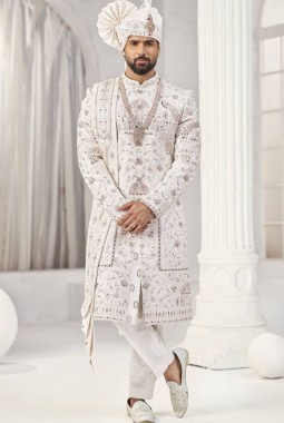 Cream Art Silk Embroidery Mens Wedding Sherwani