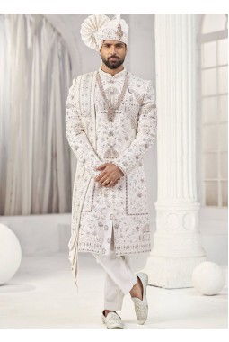 Cream Art Silk Embroidery Mens Wedding Sherwani