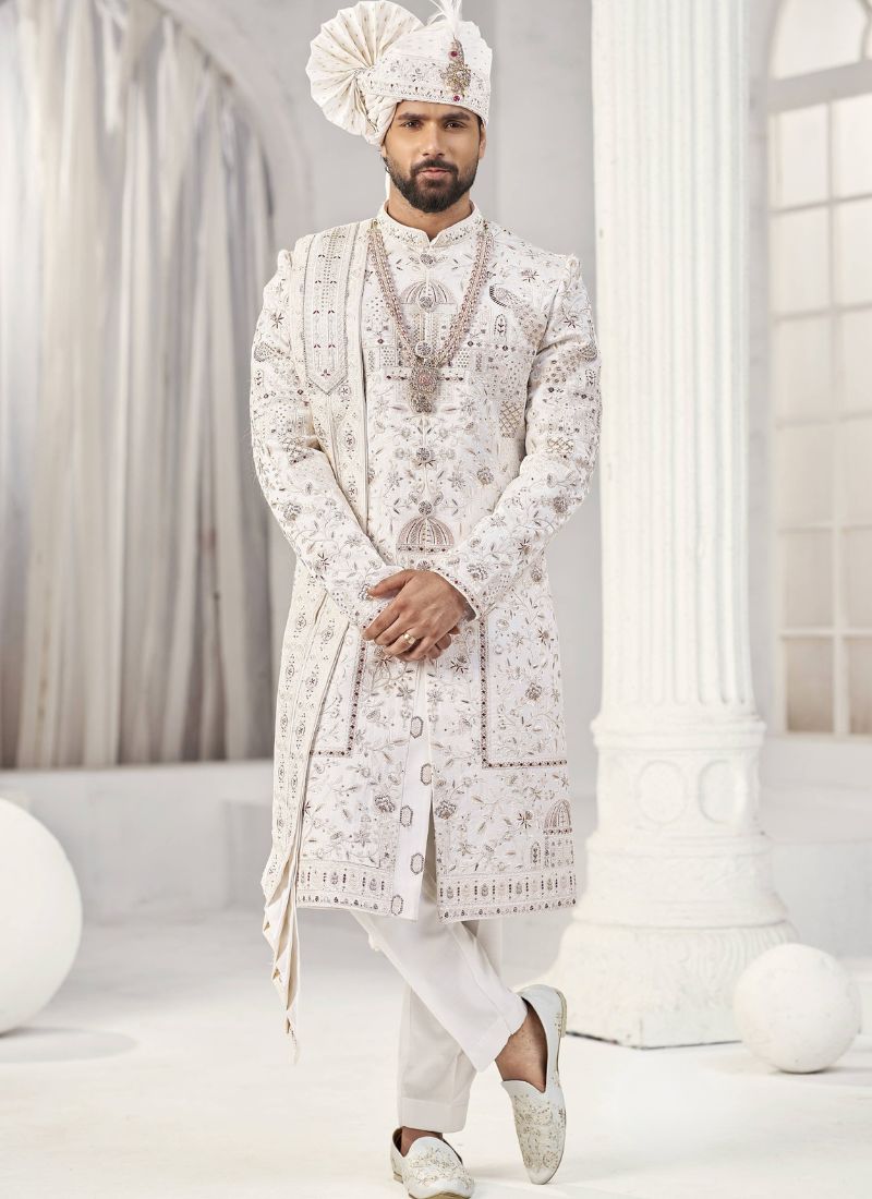 Cream Art Silk Embroidery Mens Wedding Sherwani