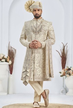 Silver Art Silk Embroidery Mens Wedding Sherwani
