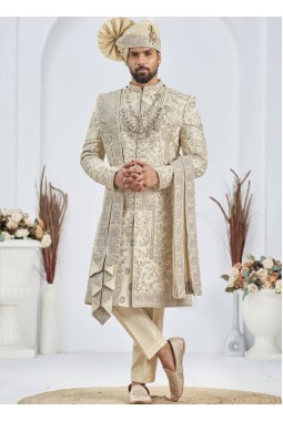Silver Art Silk Embroidery Mens Wedding Sherwani