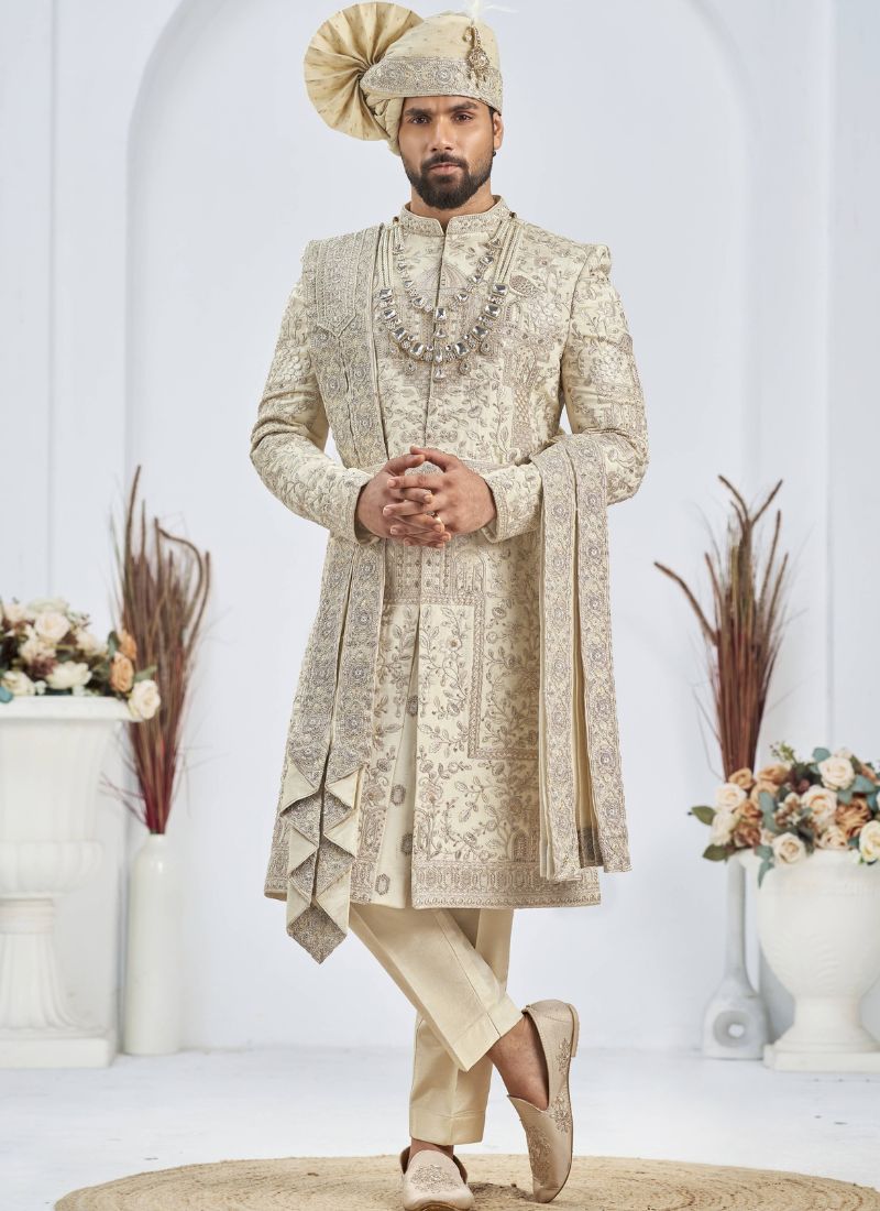 Silver Art Silk Embroidery Mens Wedding Sherwani
