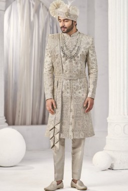 Cream Art Silk Embroidery Mens Wedding Sherwani