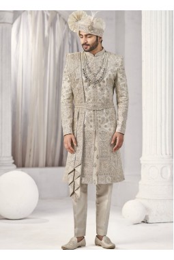 Cream Art Silk Embroidery Mens Wedding Sherwani