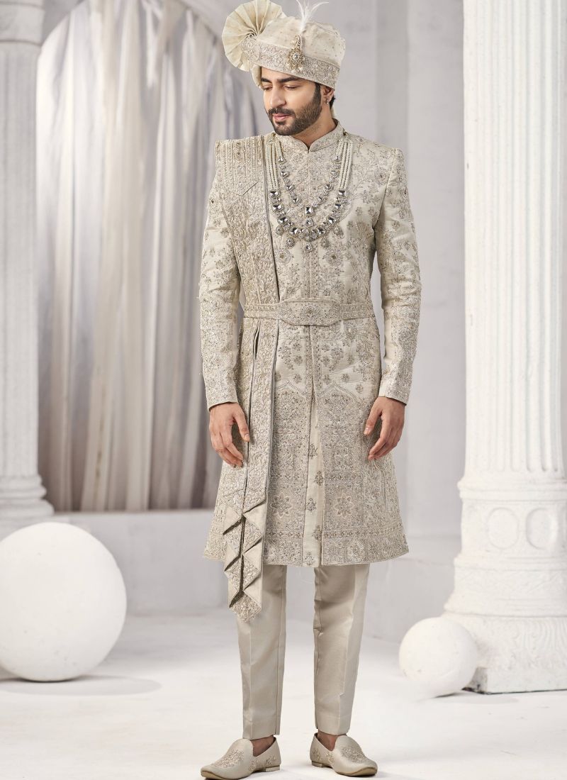 Cream Art Silk Embroidery Mens Wedding Sherwani