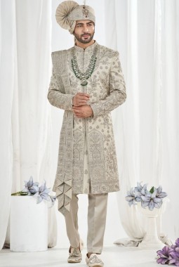 Pista Art Silk Embroidery Mens Wedding Sherwani